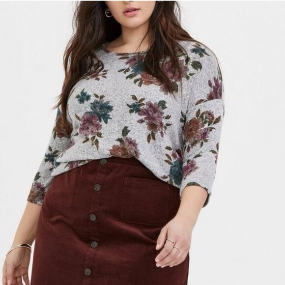 Torrid Super Soft grey floral 3/4 sleeve knit top size 2X G11 - Picture 1 of 6